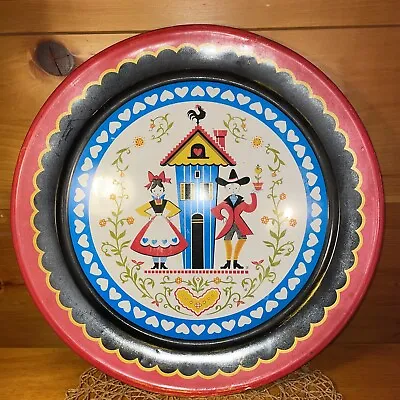 Vintage Folk Art Pennsylvania Dutch Metal Serving Platter Tray 19 Inch Round • $16.50