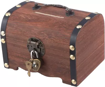 Vintage Wood Treasure Chest Rustic Small Wooden Box Decorative Coin Bank Money • $21.32