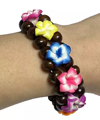 Hawaiian Flower Neon Colorful Wood Bead Resin Stretch Vintage Bracelet OO207 • $5