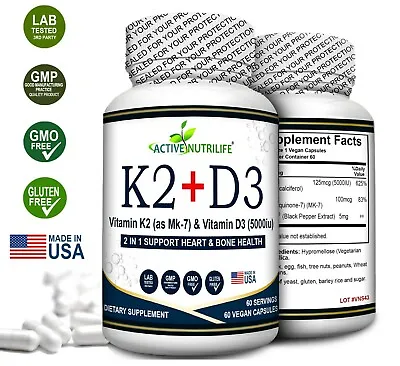 $12.75 • Buy Vitamin K2 + VIT D3 5000 IU With BioPerine For Maximum Absorption (60 Capsules)