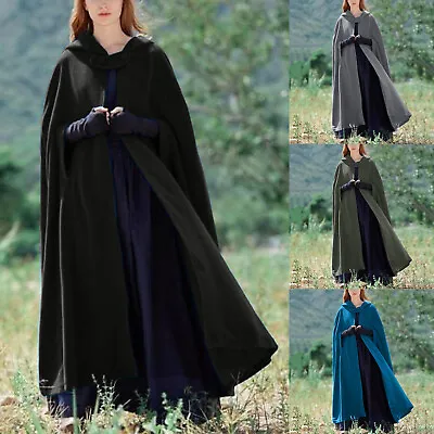 Women Hooded Long Cape Winter Casual Vintage Overcoat Button Cloak Wool Coat US • $39.38