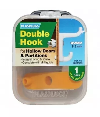 £5.99 • Buy Plasplugs Double Hollow Door & Partition Hook Integral Fixing Hooks DWH133
