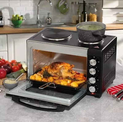 Daewoo Countertop Mini Oven With Grill And Dual Hot Plates Hobs 1500W 30L Black • £107.99