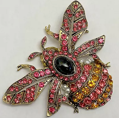 Signed Bee Insect Bug Brooch Pin Pink Rhinestone Gold Tone Vintage Black White • $22.94