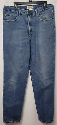 L.L. Bean Plaid Flannel Lined Blue Denim Jeans Mens Sz 36x34 Classic Fit Vintage • $32