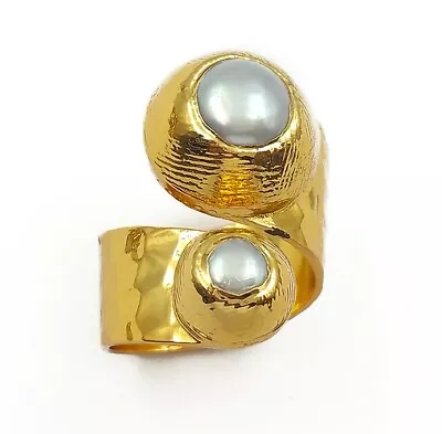 18k Gold Plated Hammered Chic Turkish 2 Stone Freshwater Pearl Adjustable Ring • $57.95