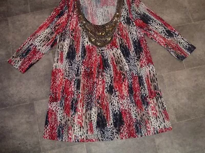 SIZE 16 CHANGES BY TOGETHER LONG Navy RED WHITE SILKY JERSEY TUNIC TOP • £4.99