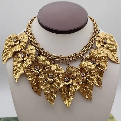 Vtg Matte Gold Pressed Realistic Leaf Flower Rhinestone Dangle Pendants Necklace • $129.95