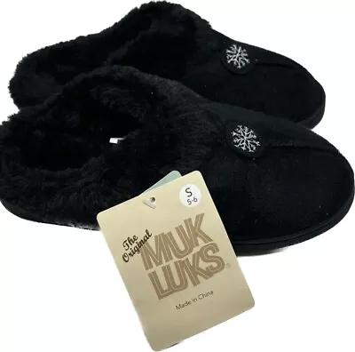 MUK LUKS  Women's Sz S (5-6)  Snowflake Clog Slippers Black Faux Fur Lining • $16.95