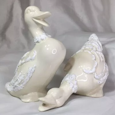 10 & 8.7”Snowy Duck Pair Figurine Vintage Glazed Ceramic Hand Paint & Signed❤️ • $48.50