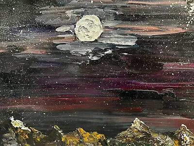 Original A5 Oil Painting On Canvas Paper Of Mountains Under The Night Sky • £50