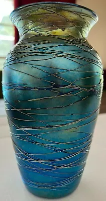 Signed Victor Durand Blue Iridescent Threaded Art Glass Vase • $695