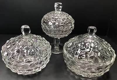 Vintage MCM Set Of 3 Fostoria American Cubist Glass Pedestal Covered Dish Bowls • $16.95