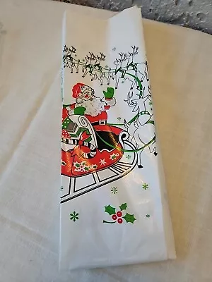 Vintage Christmas Rectangular Plastic Tablecloth Santa Reindeer 71 X52  • $18.99
