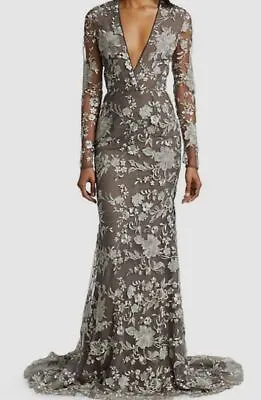 $4995 Naeem Khan Women's Silver Floral V-Neck Lace Gown Dress Size 10 • $1598.78