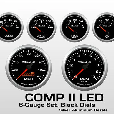 C2 6 Gauge Set Black Dials Silver Bezels 5 Range Fuel Level Gauge 2064 • $429