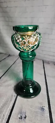 Antique Victorian Bohemian Hand Painted Enamel Hyacinth Bulb Green Glass Vase  • $59