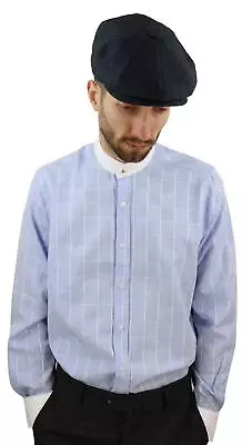 Mens Peaky Blinders Shirt Removable Collar Penny Button Check Nehru Collarless • £19.99