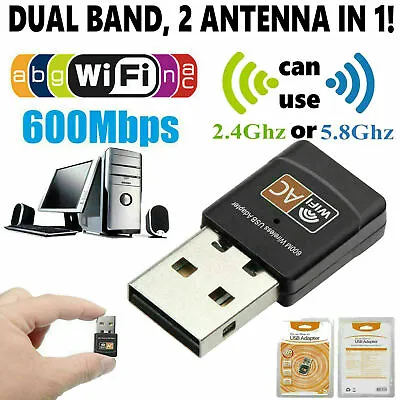 Mini Dual Band 600Mbps USB WiFi Wireless Adapter Network Card 2.4/5GHz 802.11ac • $6.49