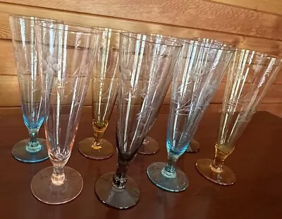 8 Harlequin Parfait Pilsner Glasses Etched Crystal Champagne Flutes • $110