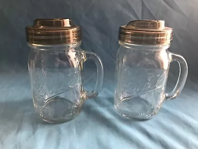 2 Pre-Owned 16 Oz. Clear Glass Ball Mason Jar Mugs W/ Sippy / Straw Sealing Lids • $14