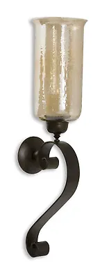 Iron Scroll Amber Glass Wall Candle Old World Sconce Holder Bronze Traditional • £176.23