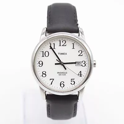 Timex Watch Mens Silver Tone Stainless Steel Black Leather Band Easy Reader • $19.50