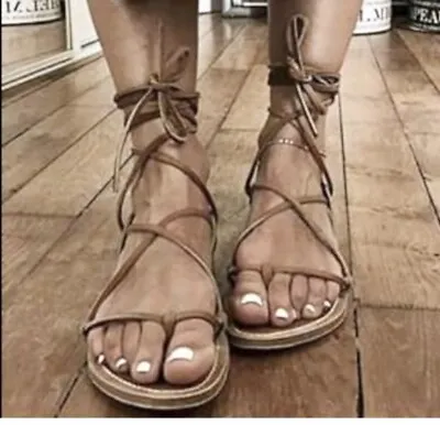 $21.90 • Buy 👡  Zara Leather Gladiator Jesus Strappy Tie Sandals  Flats  👠 41/ 10.5
