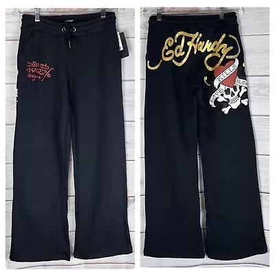 NEW Ed Hardy LKS Skull Black Low Rise Retro 90’s Flared Graphic Sweatpant Jogger • $55