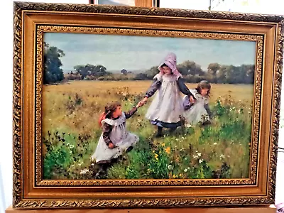 Large Vintage  50 X 38 Cm Oil Print    Picking Wild Flowers  W.Affleck Framed • £42