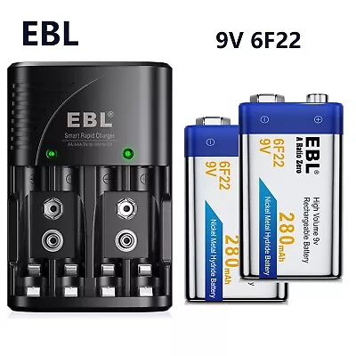 2pcs EBL 280mAh 9 Volt Rechargeable Batteries 9V 6F22  + AC Wall Battery Charger • $13.99