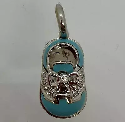 Aaron Basha 18k White Gold Blue Enamel Diamond Bow Baby Shoe Charm • $1295