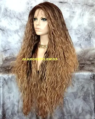 36'' Free Part Lace Front Wig Extra Long Ombre Brown Caramel Blonde Mix Heat Ok • $89.95