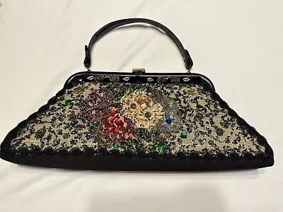 Vintage 1950s Bag Handmade Beaded Needlepoint Jeweled Purse Large Made In USA • $119