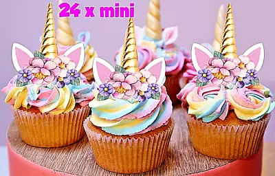 24 Mini Unicorn Horn Pink Flowers Edible Cupcake Cake Toppers Decorations Uncut • $6.99