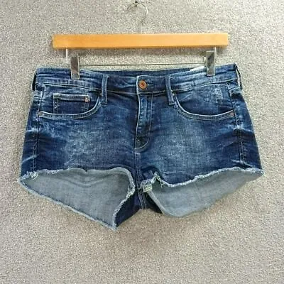 H&m Navy Acid Wash Denim Shorts Hotpants Raw Frill Hem High Waist Y2k Uk 12 • £10.99