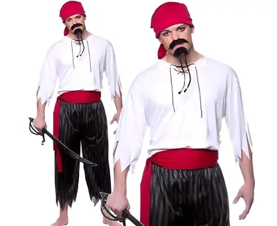 Pirate Shipmate Costume Mens Buccaneer Pirates Fancy Dress Adults Outfit • £13.99