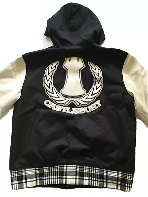 Castlebury Hooded Varsity Letter Jacket Coat Plaid Black 2XL Logo Patch • $8