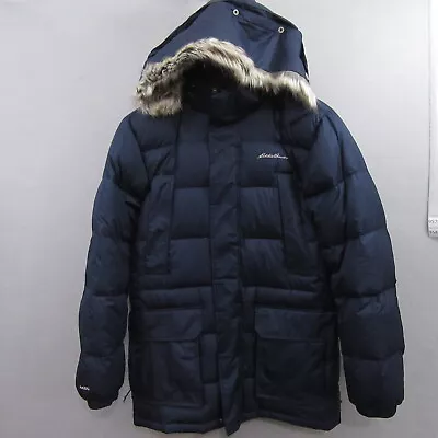 Eddie Bauer Mens Winter Puffer Coat Size M Blue Down Insulation Hooded Faux • $39.88