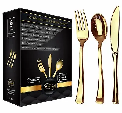 $12.99 • Buy JL Prime 120 Gold Plastic Silverware Set, Heavy Duty Gold Plastic Cutlery Set