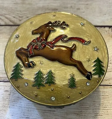 VTG Rue Moliere Reindeer Enamel Mirror Rhinestone Jewelry Trinket Box Christmas • $19.99