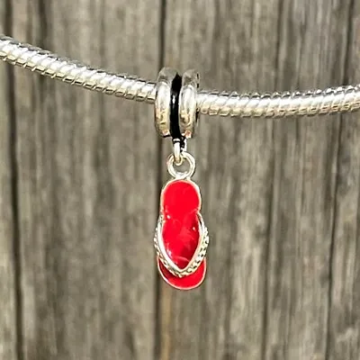 Beach Flip Flop Red Dangle Woman Girl Sandal Silver European Charm Bead • $17.95