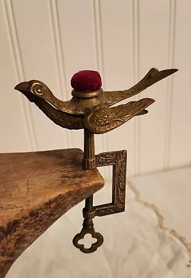 Antique Victorian Brass Sewing Bird Table Clamp With Red Velvet Pin Cushion • $125