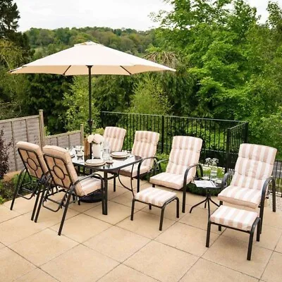 6 Seater Metal Table & Chairs Dining Set Parasol Garden Furniture Outdoor Beige • £514.98
