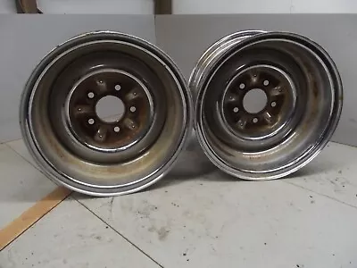 VINTAGE CHROME STEEL 14  5 X 4.75 WHEELS RIMS Chevy Impala Patina Wagon Gasser • $250