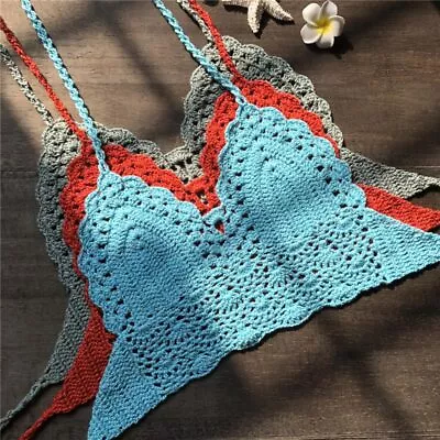 Women Bikini Crop Top Crochet Boho Bralette Halter Cami Knitted Bra Tank Tops • £4.91
