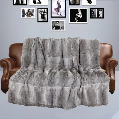 Luxury Whole Rabbit Fur Throw Real Pelt Blanket Warm Sofa Bedspread Gray 55 X63  • $151.99