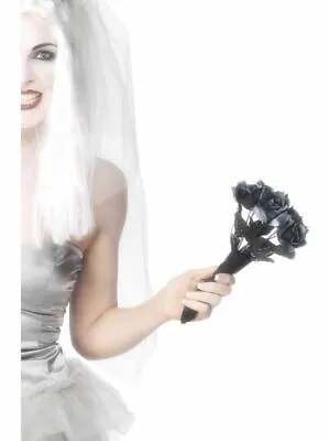 Black Rose Bouquet Zombie Corpse Bride Halloween Flower Fancy Dress Accessory • £7.58