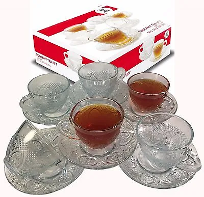 Tea Cup Set 12 Piece Cup & Saucer Set Glass Tea Party Microwave Safe Coffee • $34.87