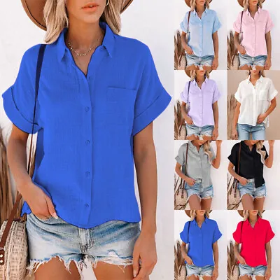 $22.59 • Buy Womens Cotton Linen Lapel Shirt Ladies Casual Button Up Short Sleeve Blouse Tops